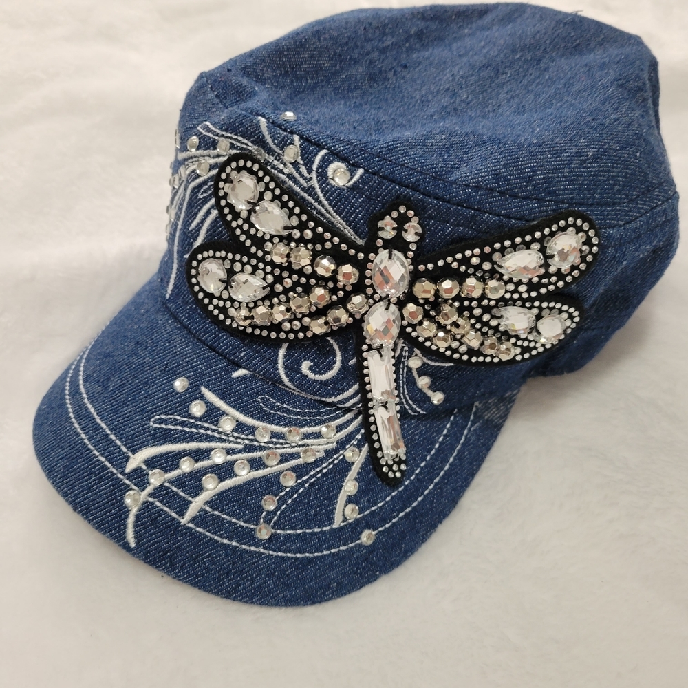Crown Blue Denim Hat with Crystal Dragonfly